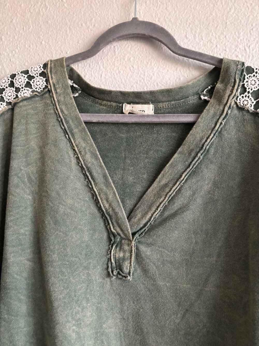 J. Her Green Mineral Wash Boho Oversized Sweatshirt With Lace Accent Sleeves - Picture 9 of 11